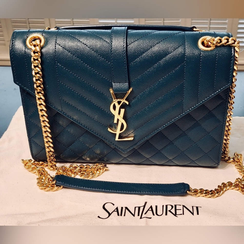 Saint Laurent Teal Quilted Shoulder Bag with Gold Chain